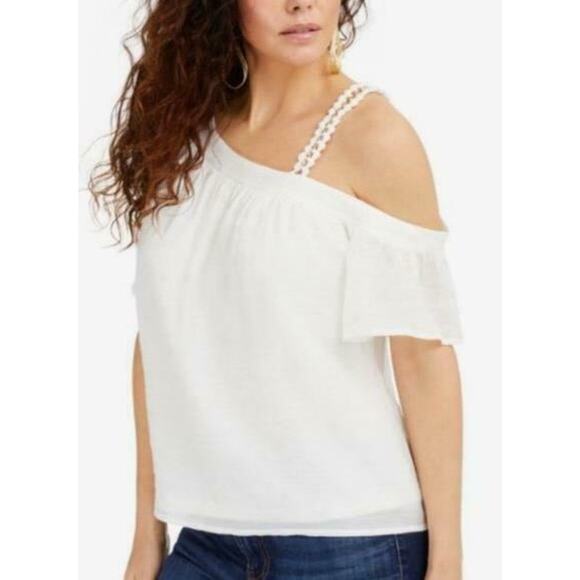 Palette Gauze Blouse One Shoulder‎ Neckline Cutout Strap Top White Blouse Career - Picture 2 of 11